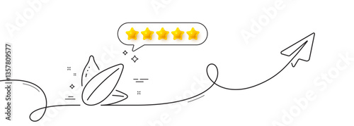 Sunflower seed line icon. Continuous line with share plane. Tasty seeds sign. Vegan food symbol. Five star rate review in speech bubble. Sunflower seed single line ribbon. Loop curve pattern. Vector