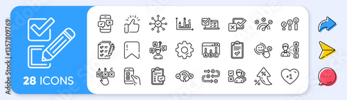 Survey, Report review line icons. Interest rate, AI generate, Inflation icons. Opinion, Customer satisfaction feedback and Test icons. Checklist review, Quiz and Business report symbols. Vector