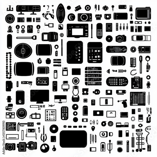 Silhouette collection of various electronic gadgets and devices in black and white.