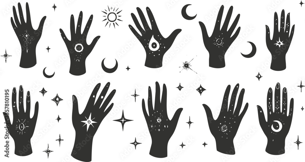 Fototapeta premium Black silhouette hands with celestial symbols and stars on white background.