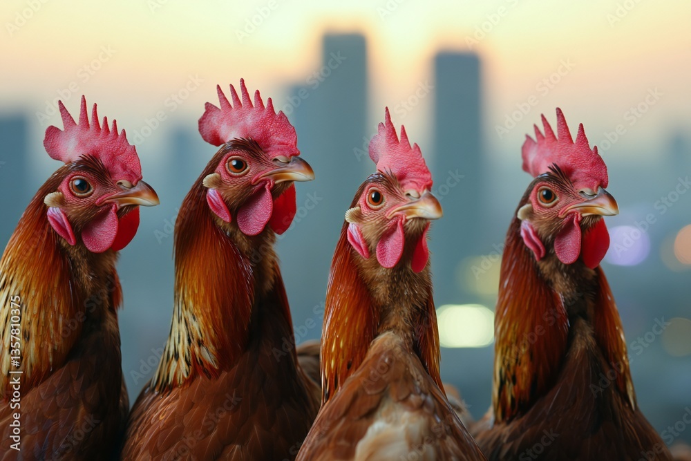 Naklejka premium Stylish group of chicken enjoying a cheerful moment against a blurred city background