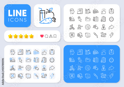 Juice, Device and Time line icons for web app. Message, Share, Like social media icons. Pack of Touchscreen gesture, Delivery bike, Travel path pictogram icons. Vector