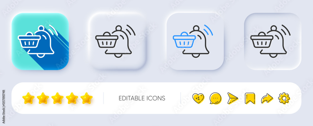 Fototapeta premium Notification cart line icon. Neumorphic, Flat shadow, 3d buttons. Bell alarm reminder sign. Shopping message symbol. Line notification cart icon. Social media icons. Vector