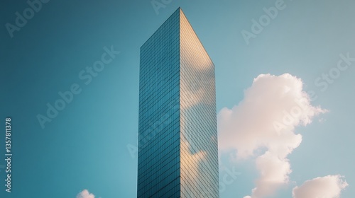 Single minimalist skyscraper with sleek mirrored surfaces blending into the skyline
