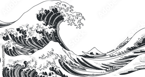 Black and white illustration of a large ocean wave in traditional style.