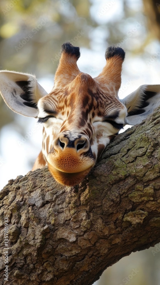 Giraffe peacefully resting head on tree trunk in nature