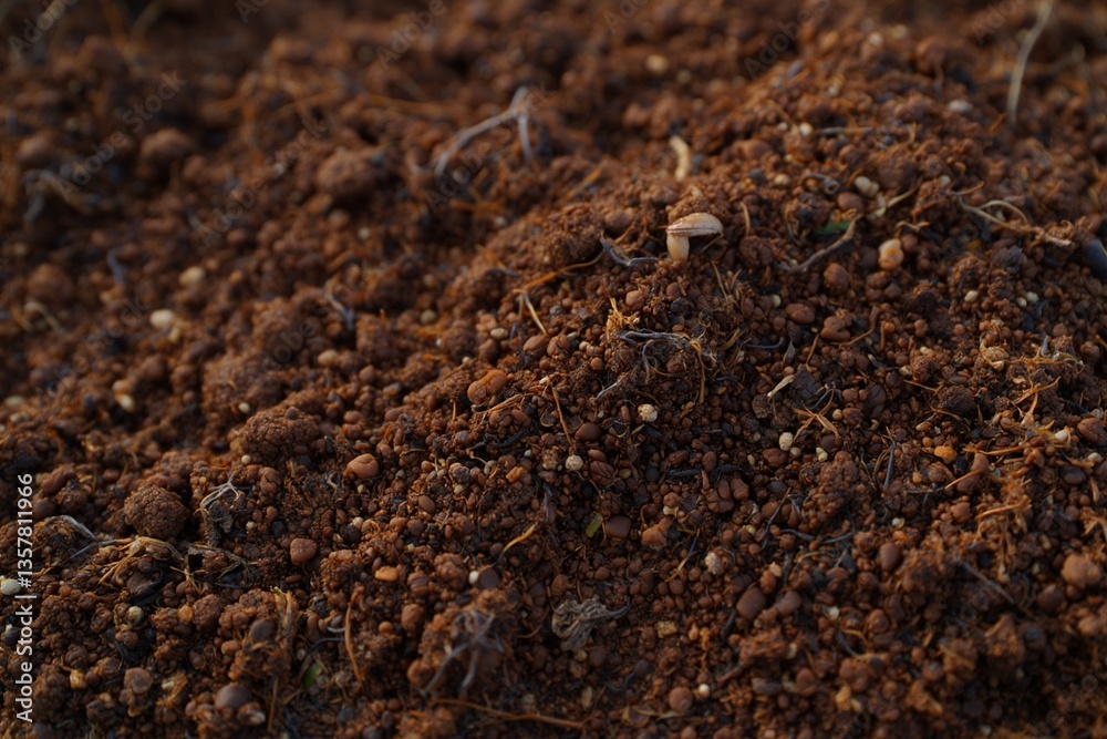 close-up view of freshly tilled garden soil showcases its perfect crumbly structure, featuring a mix of dark humus and lighter mineral particles. The soil surface has varied textures, with small natur close-up view of freshly tilled garden soil showcases its perfect crumbly structure, featuring a mix of dark humus and lighter mineral particles. The soil surface has varied textures, with small natur