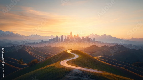 Sunrise over a winding road leading to a city