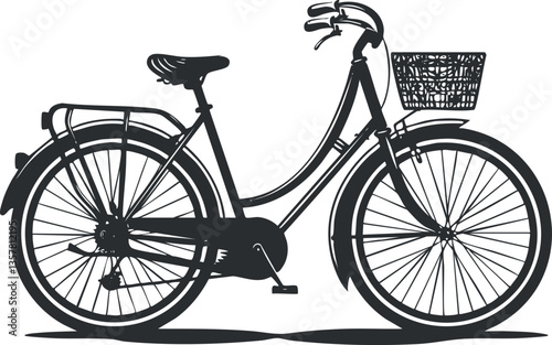 Silhouette of a bicycle with a basket on a white background.