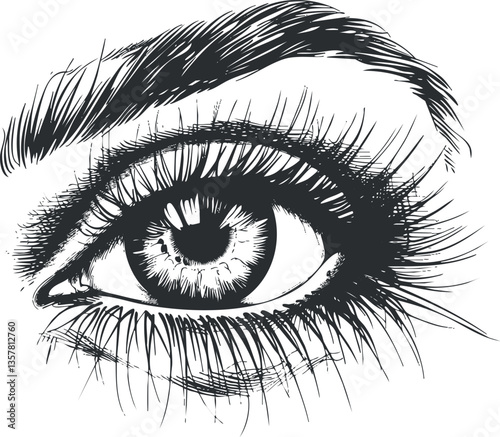 Monochrome detailed sketch of an eye with eyelashes and eyebrow.