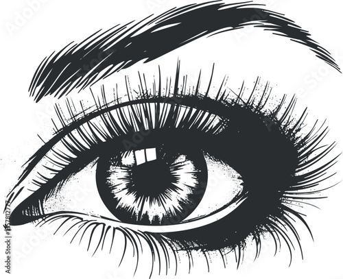 Detailed monochrome illustration of an eye with eyelashes and eyebrow.