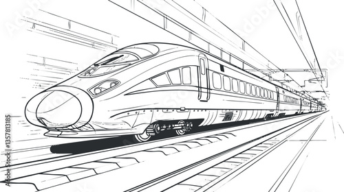Black and white sketch of a high-speed train at a railway station.