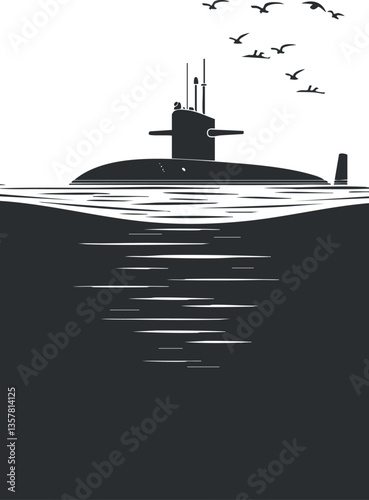 Silhouette of a submarine on the ocean with birds flying above.