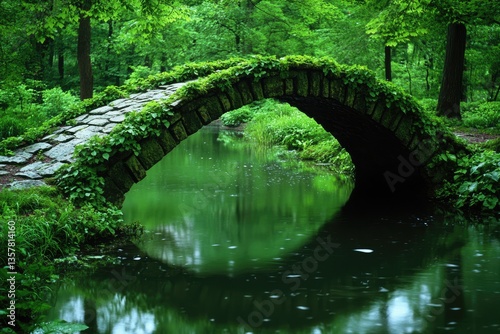 Mossy stone arch bridge over tranquil green water in lush forest