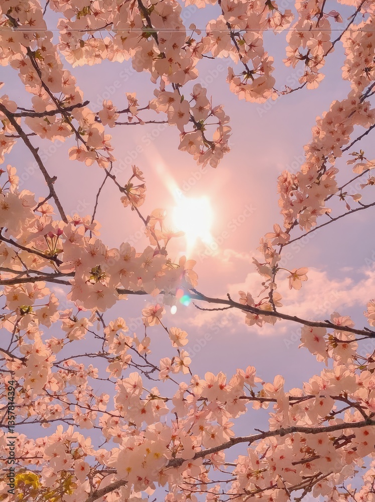 Obraz premium Beautiful cherry blossom branches reaching toward the sun in a bright blue sky with soft clouds