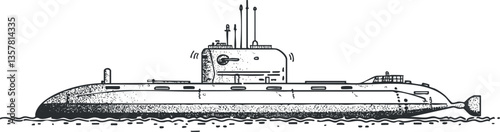 Black and white illustration of a submarine with detailed outline.
