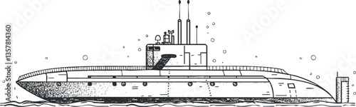 Illustrated submarine navigating underwater with detailed design elements.