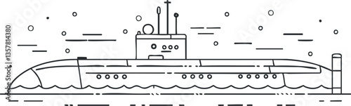 Line art illustration of a submarine navigating underwater.