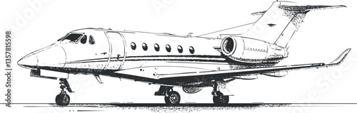 Black and white sketch of a jet airplane on the ground.