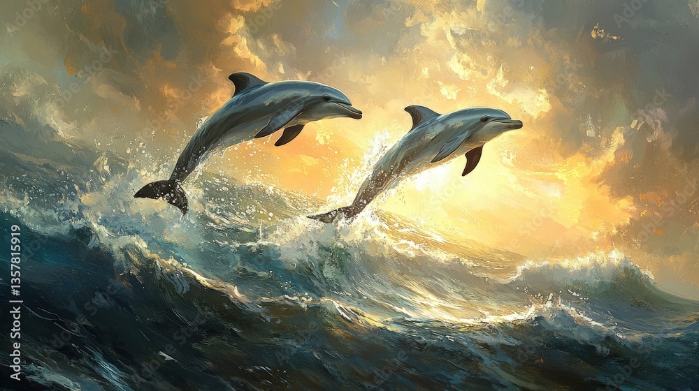 Fototapeta premium Two dolphins are leaping from the ocean waves into sunlight