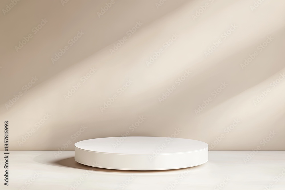 Simple, minimalist, round white podium against a beige backdrop with natural light