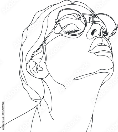 Minimalist line art portrait of a woman wearing glasses.