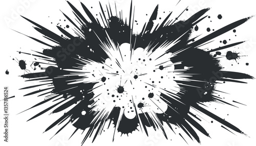 Dynamic black and white abstract explosion with ink splatter effect.