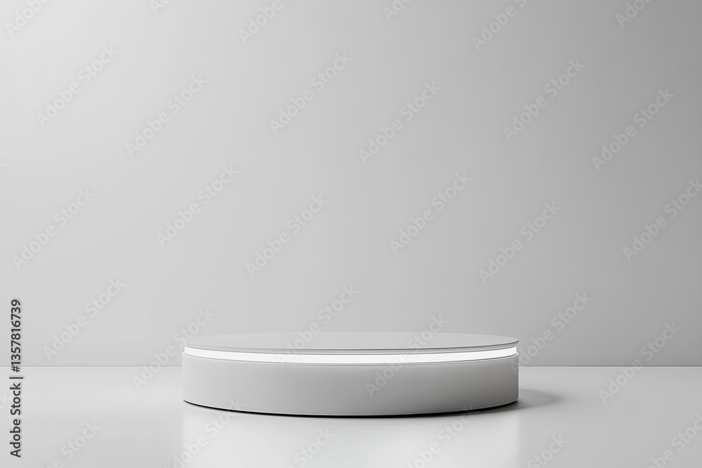 Minimalist, white, circular pedestal, illuminated base, product display Minimalist, white, circular pedestal, illuminated base, product display