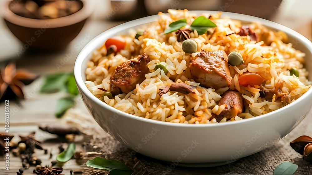 Serving of Savory Chicken and Rice Dish with Aromatic Spices Serving of Savory Chicken and Rice Dish with Aromatic Spices