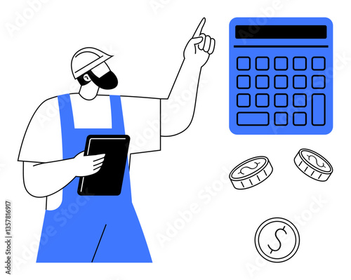 Worker in uniform pointing to large calculator with clipboard and scattered coins. Ideal for budgeting, accounting, construction management, cost estimation, financial planning, fiscal