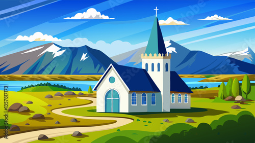 Flateyjarkirkja white lutheran church with meadow in foreground and sea fjord with blue sky and mountains in the background, Flatey, Iceland
