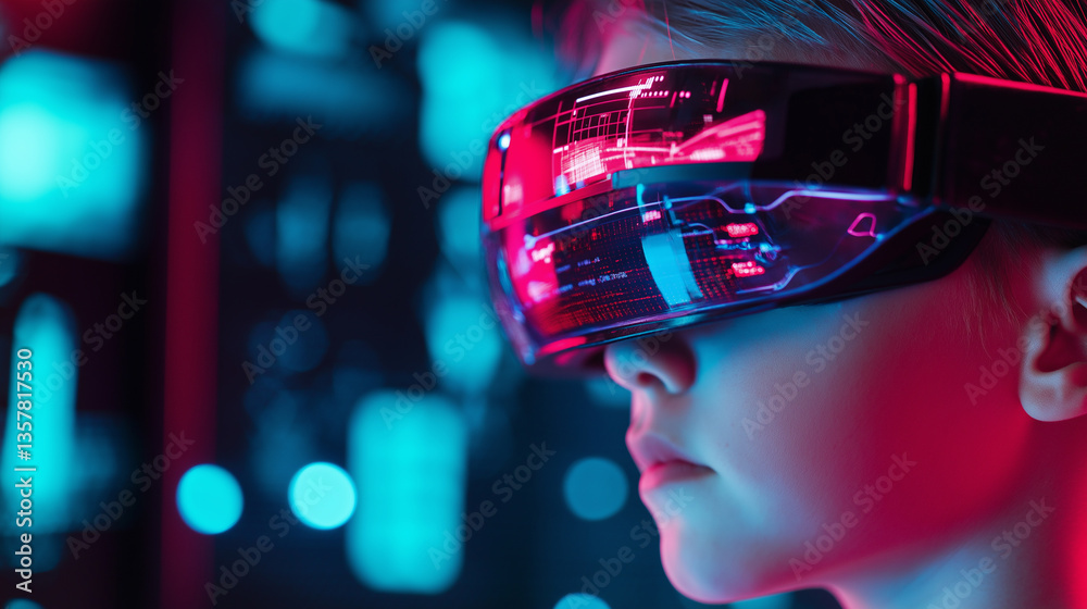A child wearing futuristic red-lit digital glasses in a high-tech, neon-lit environment.
A child wearing futuristic red-lit digital glasses in a high-tech, neon-lit environment.