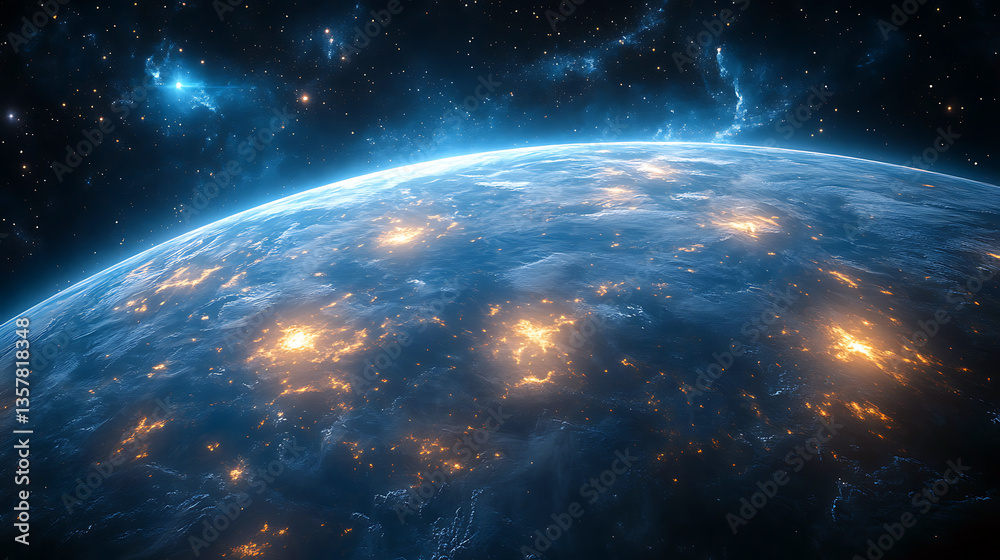 Fototapeta premium Exploring the vibrant colors of a distant planet and its glowing landscapes in outer space