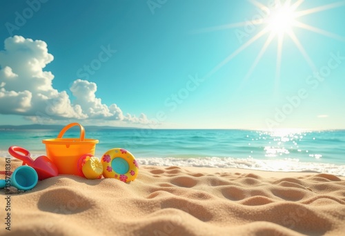 Wallpaper Mural colorful beach toys vibrant shoreline fun summer vacation sandy landscape sun battled playtime, shovel, ball, bucket, pail, caste, sandcastle, water, sea, dune Torontodigital.ca