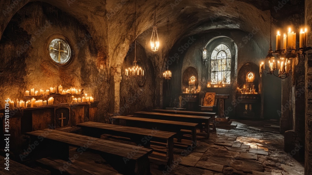 Obraz premium A forgotten underground church with candlelit altars.