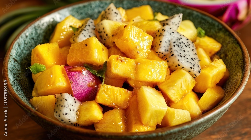A vibrant bowl of fresh tropical fruits featuring juicy chunks and exotic slices perfect for A vibrant bowl of fresh tropical fruits featuring juicy chunks and exotic slices perfect for