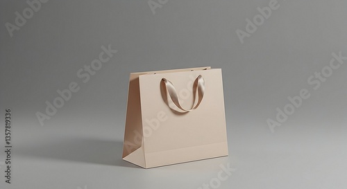 Elegant Beige Shopping Bag with Ribbon Handles on a Neutral Background