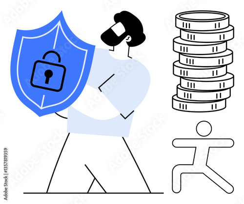 Person holding blue shield with padlock, stack of coins, and running figure representing security, savings, risk. Ideal for finance, insurance, protection safety investment economy themes. Flat