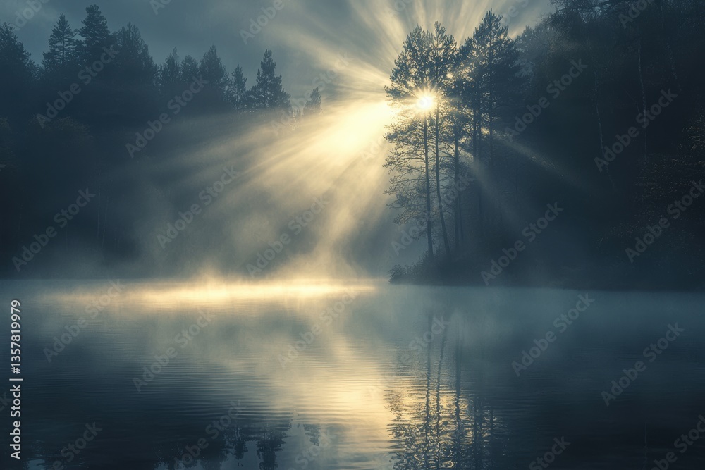 Fototapeta premium Sunbeams Breaking Through the Fog on a Serene Lake