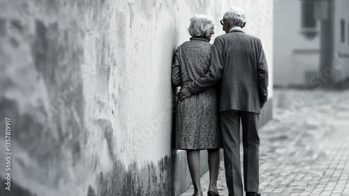Elderly couple walks slowly arm in arm by a wall, talking. Concept of love, nostalgia, and togetherness.