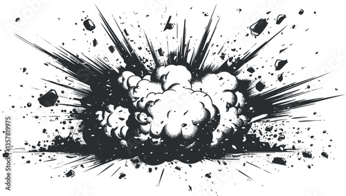 Black and white illustration of a dynamic explosion with debris and smoke.