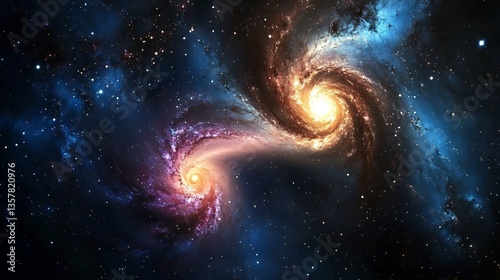 Stunning cosmic dance between two spiral galaxies merging in deep space on a dramatic interstellar background