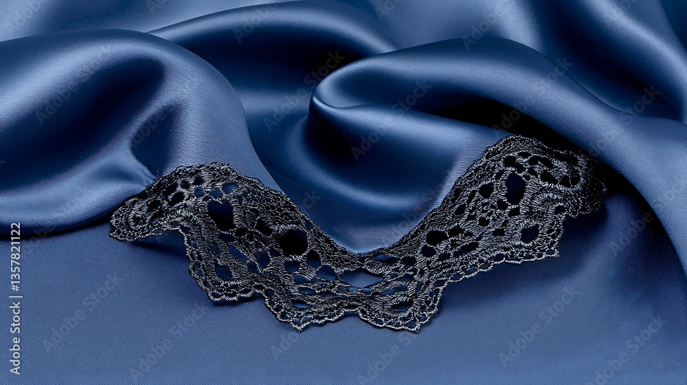 Obraz premium Elegant Blue Satin Fabric with Intricate Black Lace Detailing for Fashion and Textile Backgrounds