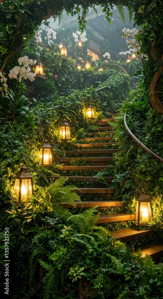Fototapeta premium Enchanted Garden Staircase: A Serene Night in Lush Greenery