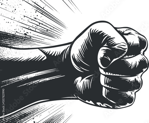 Dynamic illustration of a fist punching with motion lines.