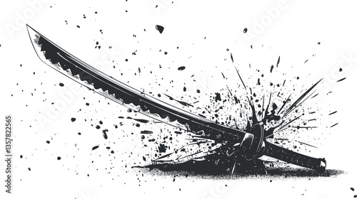 Black and white katana illustration with ink splatter effects.