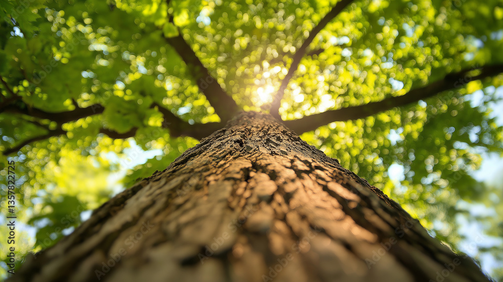 Naklejka premium A low-angle view of a tree trunk with sunlight filtering through the leaves. 