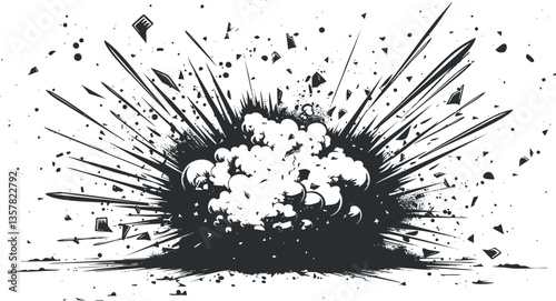 Abstract black and white explosion illustration with dynamic energy and impact.