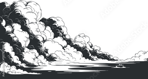 Monochrome illustration of dramatic clouds in the sky, emphasizing texture.