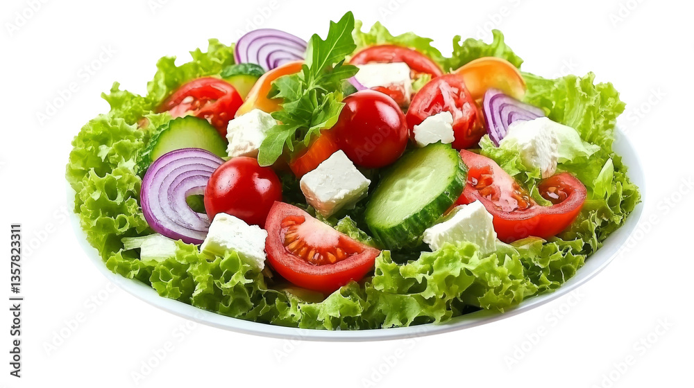 Fresh Greek salad with feta, tomatoes, cucumbers, and onions on a white plate